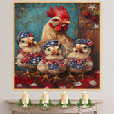 Mother Chicken with Three Baby Chicks in Patriotic Bandanas and Hats Oil Painting on Ready to Hang 1.5" Thick Canvas Wrap, Floating Framed Canvas, Flat Rolled Canvas